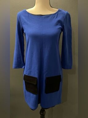 B44 Dressed Blue Shift Dress Black Pocket Detail 3/4 Sleeve XS